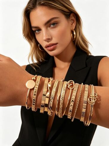 Gold Bangle Bracelets for Women, 22 Pcs Multi Layer Open Stackable Bangle Set, 14K Gold Plated Non Tarnish Adjustable Chunky Textured Bracelets Boho Jewelry Fashion Accessories Gifts in Saudi Arabia