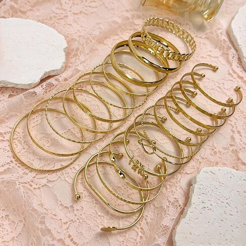 Gold Bangle Bracelets for Women, 22 Pcs Multi Layer Open Stackable Bangle Set, 14K Gold Plated Non Tarnish Adjustable Chunky Textured Bracelets Boho Jewelry Fashion Accessories Gifts in Saudi Arabia