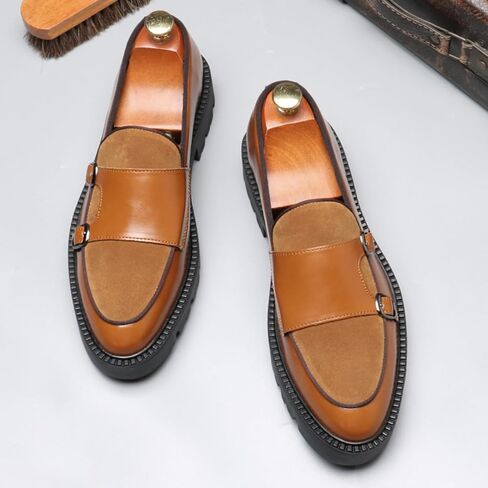 Men's Suede Leather Platform Loafers Fashion Round Toe Double Monk Leather Shoe Comfort Slip On Business Dress Shoes for Wedding Office Formal in Kuwait