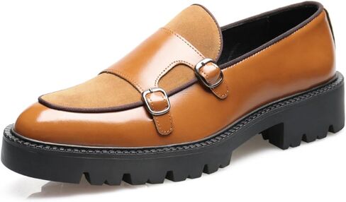 Men's Suede Leather Platform Loafers Fashion Round Toe Double Monk Leather Shoe Comfort Slip On Business Dress Shoes for Wedding Office Formal in Kuwait