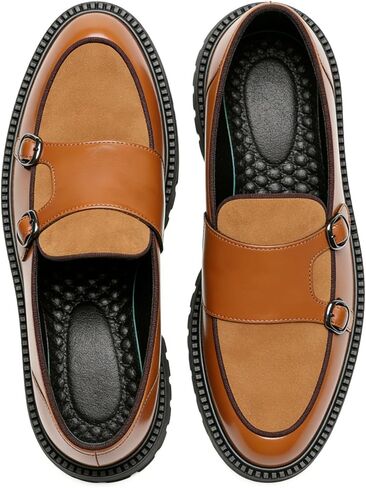 Men's Suede Leather Platform Loafers Fashion Round Toe Double Monk Leather Shoe Comfort Slip On Business Dress Shoes for Wedding Office Formal in Kuwait