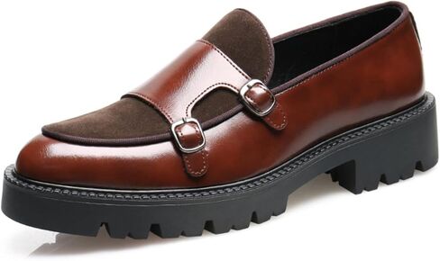 Men's Suede Leather Platform Loafers Fashion Round Toe Double Monk Leather Shoe Comfort Slip On Business Dress Shoes for Wedding Office Formal in Kuwait