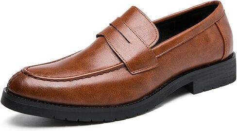 Men's Round Toe Chunky Leather Casual Loafers, Fashionable Slip-On Convex Non-Slip Retro Formal Penny Loafers in Saudi Arabia