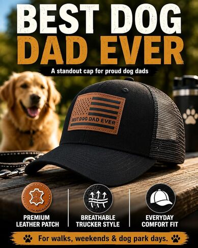 Best Dog Dad Ever American Flag Trucker Hat - Leather Patch Baseball Cap, Funny Dog Lover for Men Black in Saudi Arabia