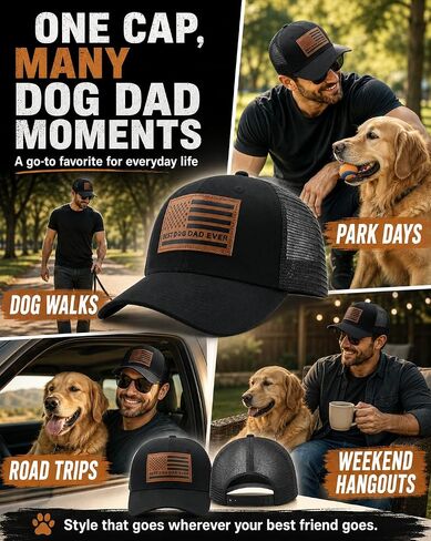 Best Dog Dad Ever American Flag Trucker Hat - Leather Patch Baseball Cap, Funny Dog Lover for Men Black in Saudi Arabia