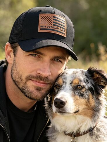 Best Dog Dad Ever American Flag Trucker Hat - Leather Patch Baseball Cap, Funny Dog Lover for Men Black in Saudi Arabia