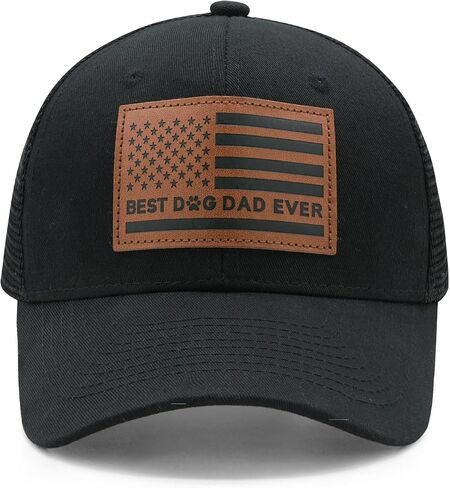 Best Dog Dad Ever American Flag Trucker Hat - Leather Patch Baseball Cap, Funny Dog Lover for Men Black in Saudi Arabia
