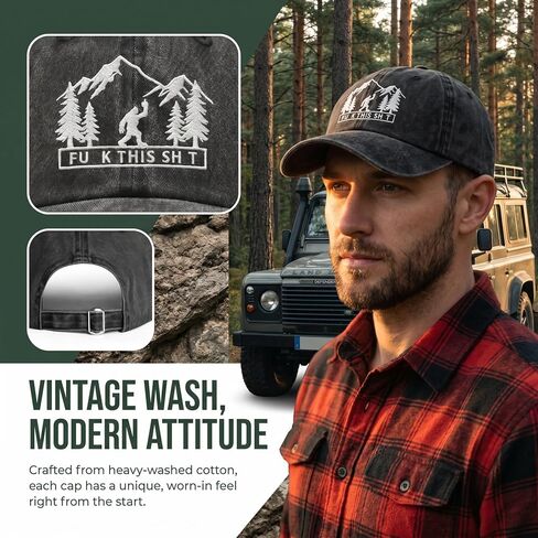 Funny Bigfoot Mountain Embroidered Washed Baseball Cap, Sarcastic Outdoor Hiking Dad Hat, Vintage Adjustable Cotton Hat for Men Women Black in Saudi Arabia