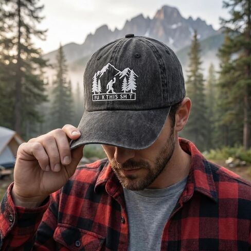 Funny Bigfoot Mountain Embroidered Washed Baseball Cap, Sarcastic Outdoor Hiking Dad Hat, Vintage Adjustable Cotton Hat for Men Women Black in Saudi Arabia