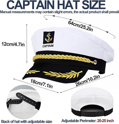 Captain-Hat-Adult-White: Sailor Hat with Adjustable Snapback Yacht Rock Cap for Men Women Marine Admiral Costumes, Halloween Party Cosplay Boat Accessory in Saudi Arabia