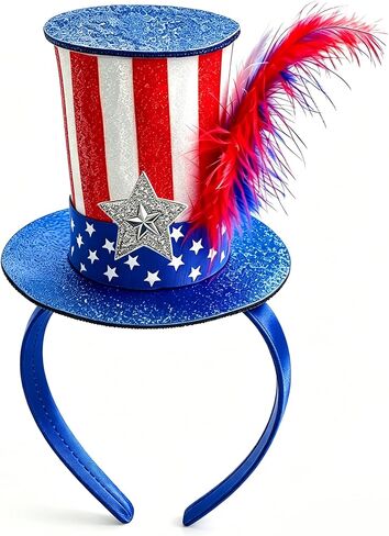 Patriotic Mini Top Hat Headband – Red White Blue Glitter Fascinator for Women Men, 4th of July Independence Day in Saudi Arabia
