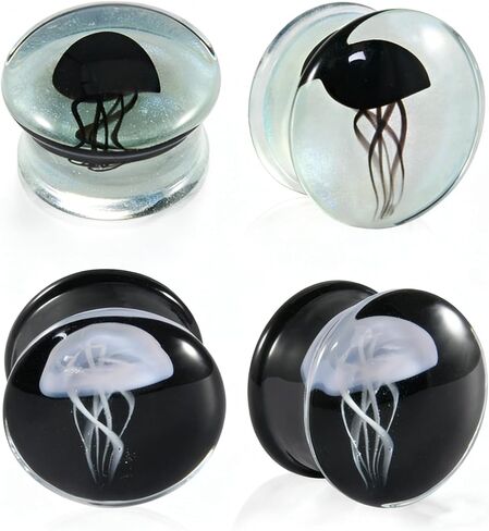 2 PAIRS Glass Transparent/Black jellyfish Ear Tunnels Plugs Double Flared Glass Ear Gauges Strechers Expander Piercing Jewelry 8-25mm in Kuwait