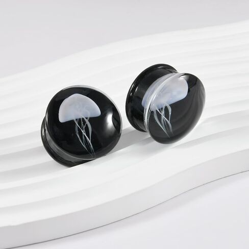 2 PAIRS Glass Transparent/Black jellyfish Ear Tunnels Plugs Double Flared Glass Ear Gauges Strechers Expander Piercing Jewelry 8-25mm in Kuwait