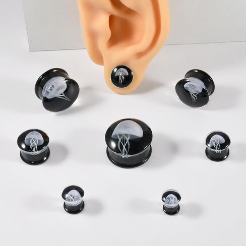 2 PAIRS Glass Transparent/Black jellyfish Ear Tunnels Plugs Double Flared Glass Ear Gauges Strechers Expander Piercing Jewelry 8-25mm in Kuwait
