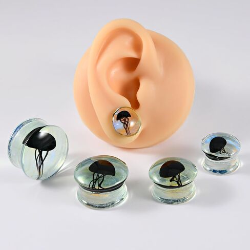 2 PAIRS Glass Transparent/Black jellyfish Ear Tunnels Plugs Double Flared Glass Ear Gauges Strechers Expander Piercing Jewelry 8-25mm in Kuwait