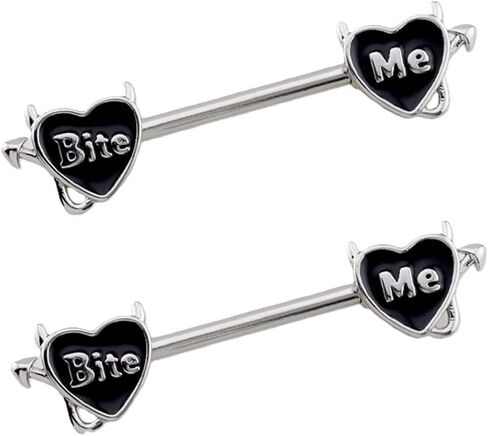 Body Accentz 316L Surgical Steel Nipple Ring Barbell, 'Bite Me' Devil Heart Design, 14GA, 9/16" Length, 2 Piece Set in Kuwait