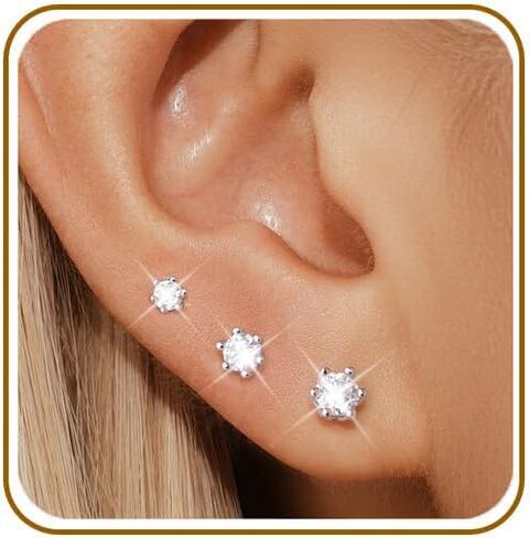 GEORGE · SMITH 3 Pairs Moissanite Flat Back Earrings for Women Men, Hypoallergenic Solitaire Studs, Cartilage Nap Earrings for Sensitive Ears, Multiple Piercing Gifts in Saudi Arabia