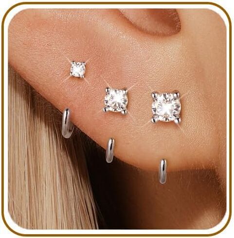 GEORGE · SMITH 3 Pairs Moissanite Flat Back Earrings for Women Men, Hypoallergenic Solitaire Studs, Cartilage Nap Earrings for Sensitive Ears, Multiple Piercing Gifts in Saudi Arabia