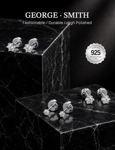 GEORGE · SMITH 3 Pairs Moissanite Flat Back Earrings for Women Men, Hypoallergenic Solitaire Studs, Cartilage Nap Earrings for Sensitive Ears, Multiple Piercing Gifts in Saudi Arabia