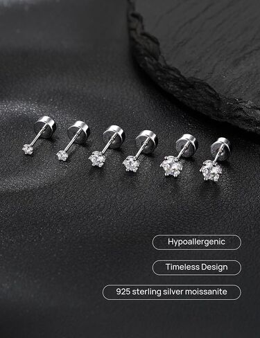 GEORGE · SMITH 3 Pairs Moissanite Flat Back Earrings for Women Men, Hypoallergenic Solitaire Studs, Cartilage Nap Earrings for Sensitive Ears, Multiple Piercing Gifts in Saudi Arabia
