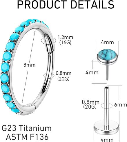 Turquoise Nose-Ring Hoop-Stud-Set Earrings for Women - G23 Titanium Septum Rings Flat Back Nose Labret Lip Piercing Jewelry Helix Cartilage Tragus Conch Rook Daith Hoops Studs Earring for Womens Men in Saudi Arabia