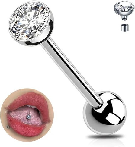 G23-Titanium Tongue Nipple Rings for Women - Gold/Silver 14G Barbell CZ Tongue Ring Piercing Jewelry - Long Bar Internally Threaded Straight Barbells Body Bridge Piercings Gifts for Womens Men in Saudi Arabia