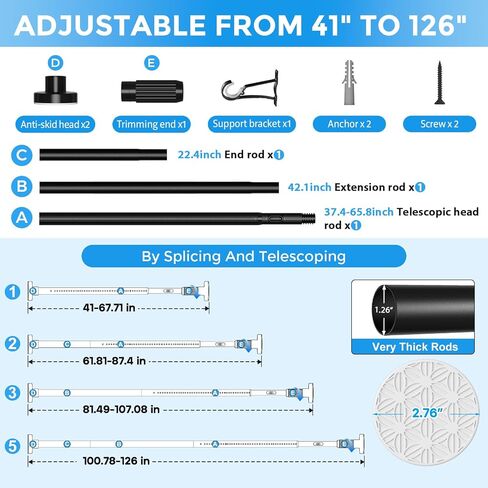 Tension Curtain Rod 40-126 In Heavy Duty-Black Extra Long Curtain Rod No Drilling For Window, Adjustable Tension Rod Diameter 1.26in Outdoor Curtain Rods For Patio One-Pull Lock in Saudi Arabia