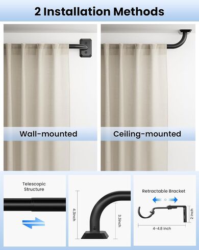 Black Wrap Around Curtain Rods for Windows 28 to 48 Inches, Blackout Heavy Duty French Return Curtain Rod, Adjustable Modern Room Darkening Metal Curved Drapery Rods for Bedroom & Living Room, Black in Saudi Arabia