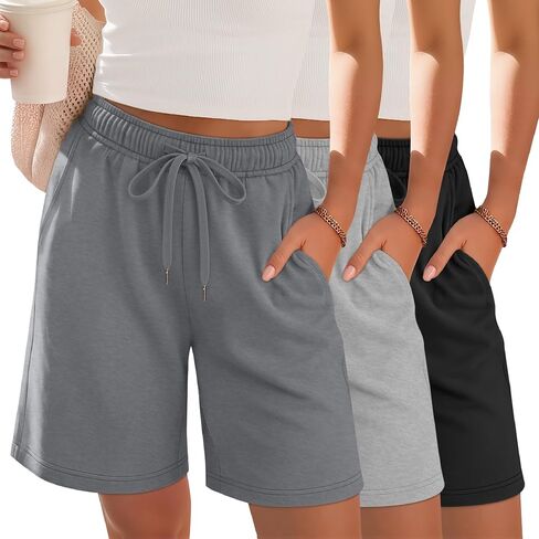 3 Pack Womens Bermuda Sweat Shorts Wide Leg Loose Knee Length Elastic Waist Workout Summer Pant Casual with Pockets in Kuwait