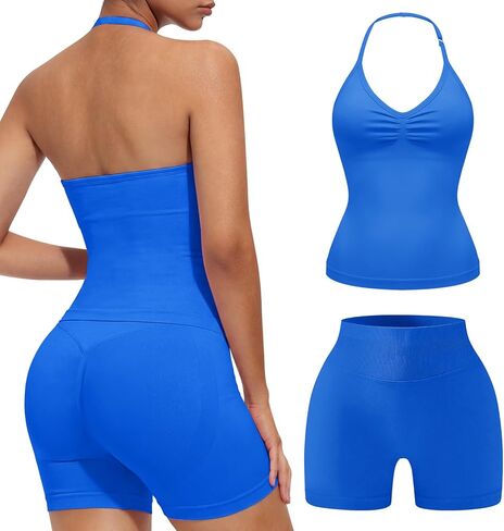 2 Piece Workout Sets for Women Halter Neck Tank Top Macthing High Waist Scrunch Butt Shorts Sets Gym Outfits in Saudi Arabia