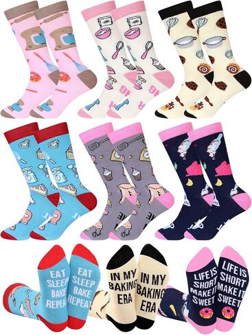 Shyyween 6 Pairs Funny Baking Socks for Women Novelty Cotton Crew Socks Cute Baking Accessories Birthday Gifts for Women Sisters Friends Bakers Culinary Lover Pastry Chef in Kuwait