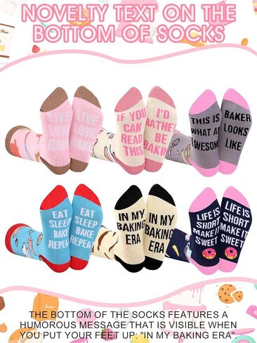 Shyyween 6 Pairs Funny Baking Socks for Women Novelty Cotton Crew Socks Cute Baking Accessories Birthday Gifts for Women Sisters Friends Bakers Culinary Lover Pastry Chef in Kuwait