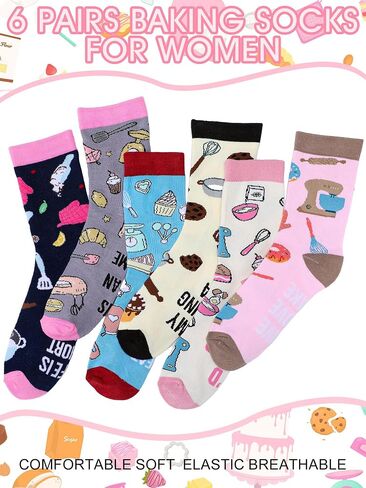 Shyyween 6 Pairs Funny Baking Socks for Women Novelty Cotton Crew Socks Cute Baking Accessories Birthday Gifts for Women Sisters Friends Bakers Culinary Lover Pastry Chef in Kuwait