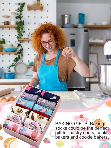 Shyyween 6 Pairs Funny Baking Socks for Women Novelty Cotton Crew Socks Cute Baking Accessories Birthday Gifts for Women Sisters Friends Bakers Culinary Lover Pastry Chef in Kuwait