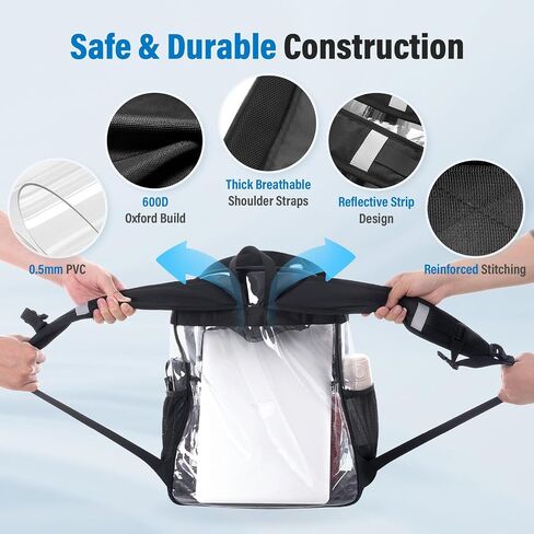Clear Backpack Heavy Duty 38L- Oxford Cloth & Durable 0.5mm PVC Large Capacity Clear Bag,Transparent Bookbag for Travel, Security,Work in Kuwait