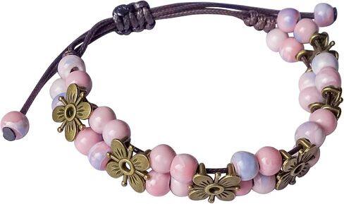 Boho Double Layered Ceramic Beads Bracelet with Copper Flower Charm, Adjustable Hippie Strand Bracelet for Women, Bohemian String Jewelry Gifts in Saudi Arabia