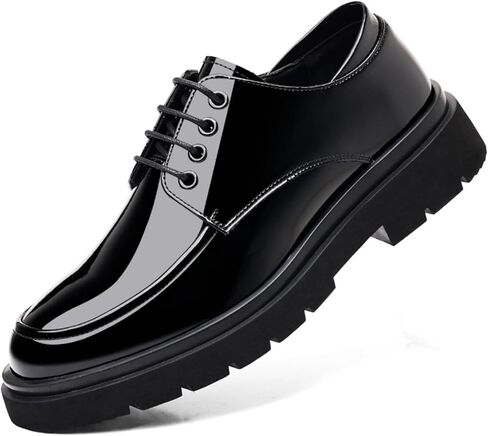 Men's Dazzling Patent Leather Lace - Up Platform Oxfords, Black Round - Toe, Soft Rubber Sole, Non - Slip, Waterproof, Business Formal Derby Dress Shoes in Saudi Arabia