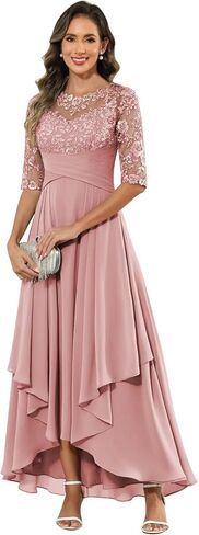 Chiffon Tea Length Mother of Bride Dresses Lace Appliques A Line Ruffle Wedding Guest Dress with Sleeve in Saudi Arabia