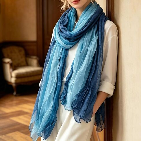 Lightweight Crinkle Scarf for Women, Long Gradient Ombre Blue Orange Wrap Shawl Retro Soft Fall Winter Scarf in Kuwait