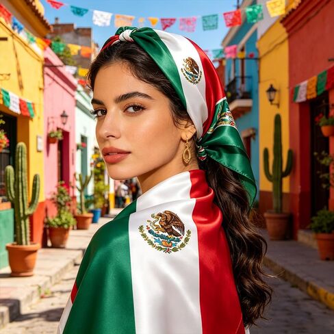15.0x10.0 Inch Square Flag Bandana Head Scarf for Women, Imitation Chiffon Silk, Fashion Hair Neck Scarf (Mexico) in Kuwait
