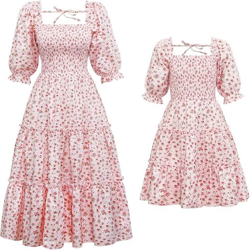 Mother Daughter Matching Dresses Spring Summer Lantern Sleeve Floral Print Mommy and Me Outfits in Saudi Arabia