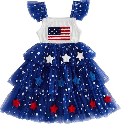 Toddler Girl 4th of July Dress Flag Stars Decor Tiered Tulle Princess Dress Red White Blue Patriotic Outfit Pageant in Saudi Arabia