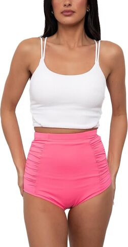 Coral Reef Swim Tankini Swimsuits for Women - White Double Strap Tankini Top & Pink Ultra High Rise Ruched Bottoms (XXS-3XL) in Saudi Arabia