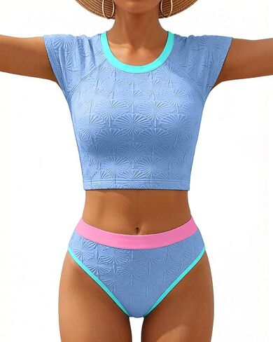 XUNYU Tankini Swimsuits for Women Two Piece Bathing Suit High Waisted Bikini Bottom Short Sleeve High Neck Swim Suits 2026 in Kuwait
