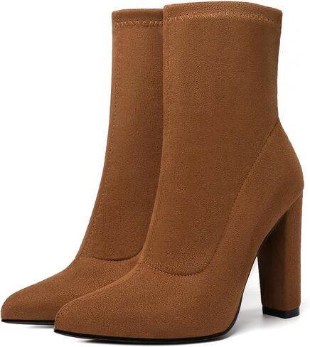 risdoada Women's Sock Boots Chunky Heel Ankle Booties Elastic Suede Pointed Toe Fall Winter High Heeled Mid Calf Boots in Saudi Arabia