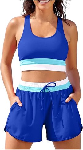 2 Piece Swimsuit for Women Modest Back Zip Sporty Tankini with Shorts Color Block Full Coverage Backless Bathing Suit in Saudi Arabia