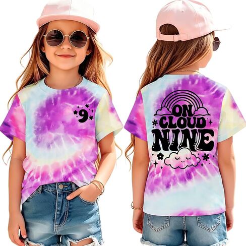 On Cloud Nine Birthday Girl Shirts 9th Birthday T-Shirt Girls 9 Years Old Tie Dye Outfits Kids B-Day Party Tee Tops in Kuwait