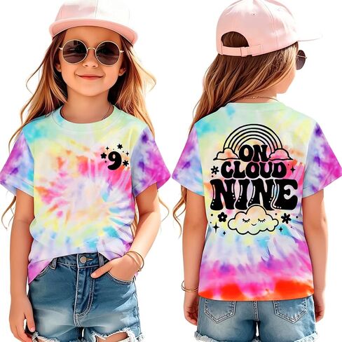 On Cloud Nine Birthday Girl Shirts 9th Birthday T-Shirt Girls 9 Years Old Tie Dye Outfits Kids B-Day Party Tee Tops in Kuwait