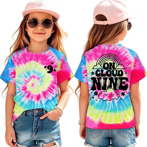 On Cloud Nine Birthday Girl Shirts 9th Birthday T-Shirt Girls 9 Years Old Tie Dye Outfits Kids B-Day Party Tee Tops in Kuwait