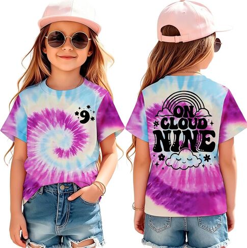 On Cloud Nine Birthday Girl Shirts 9th Birthday T-Shirt Girls 9 Years Old Tie Dye Outfits Kids B-Day Party Tee Tops in Kuwait